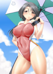Rule 34 | 10s, 1girl, ayato, bare shoulders, black hair, blush, breasts, brown eyes, competition swimsuit, covered navel, curvy, covered erect nipples, female focus, freckles, girls und panzer, highres, large breasts, long hair, looking at viewer, one-piece swimsuit, piyotan (girls und panzer), solo, standing, swimsuit, thick thighs, thighs, umbrella, wide hips