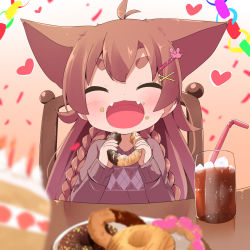 Rule 34 | 1girl, :d, ^ ^, animal ears, antenna hair, bendy straw, blurry, blurry foreground, blush, braid, brown background, brown hair, cake, cake slice, chair, closed eyes, commentary request, confetti, cup, depth of field, doughnut, drink, drinking glass, drinking straw, facing viewer, fangs, food, food on face, gradient background, hair between eyes, hair ornament, hairclip, heart, highres, holding, holding food, ice, ice cube, long hair, makuran, momiji (makuran), on chair, open mouth, original, plate, short eyebrows, sitting, smile, solo, table, thick eyebrows, twin braids, very long hair