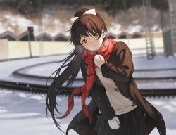 Rule 34 | 1girl, absurdres, blurry, blurry background, blush, bow, breath, brown coat, brown hair, closed mouth, coat, commentary, cowboy shot, day, duffel coat, fence, guard rail, hair bow, hand up, hazuki ren, highres, leaning to the side, long hair, long sleeves, love live!, love live! superstar!!, miniskirt, mittens, nose blush, open clothes, open coat, outdoors, pleated skirt, railroad tracks, red scarf, scarf, skirt, smile, snow, snowing, solo, standing, sweater, traffic light, very long hair, white bow, white mittens, white sweater, winter, winter clothes, winter coat, yellow eyes, zhanzheng zi