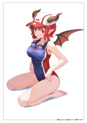 Rule 34 | 1girl, demon girl, feet, female focus, hat, highres, horns, lifeguard, lifeguard yuze, looking at viewer, purple eyes, red hair, short hair, simple background, swimming goggles, swimsuit, thick thighs, thighs, wet, wet clothes, wet swimsuit, wings