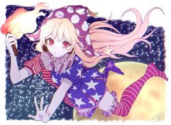 Rule 34 | 1girl, :o, alternate legwear, american flag dress, american flag legwear, blonde hair, blush, braid, clownpiece, dress, fire, floating hair, frilled thighhighs, frills, full body, hat, holding, jester cap, long hair, looking at viewer, moon, neck ruff, no shoes, no wings, polka dot, purple hat, red eyes, short dress, short sleeves, single braid, solo, star (symbol), star print, striped, thighhighs, torch, touhou, zabu rou