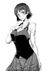 Rule 34 | 1girl, absurdres, braid, gggg, greyscale, highres, long sleeves, looking at viewer, monochrome, niijima makoto, persona, persona 5, plaid, plaid skirt, short hair, simple background, skirt, solo, sweater, turtleneck, turtleneck sweater, white background