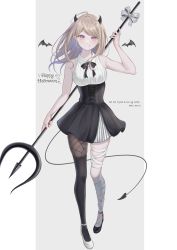 Rule 34 | 1girl, ahoge, akamatsu kaede, alternate costume, banned artist, blonde hair, breasts, collared shirt, commentary, danganronpa (series), danganronpa v3: killing harmony, english text, fortissimo, full body, hair ornament, highres, holding, horns, long hair, long sleeves, looking at viewer, musical note, musical note hair ornament, nabekokoa, pantyhose, shirt, single leg pantyhose, skindentation, smile, solo, symbol-only commentary, tail, thighhighs