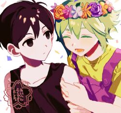 Rule 34 | 2boys, ^ ^, arm hug, bare shoulders, basil (omori), black eyes, black hair, black tank top, closed eyes, collarbone, colored eyelashes, commentary request, expressionless, flower wreath, from side, green hair, head wreath, looking at another, male focus, mokyu1156, multiple boys, omori, open mouth, overalls, purple overalls, shirt, short hair, short sleeves, simple background, smile, sunny (omori), t-shirt, tank top, upper body, white background, yellow shirt