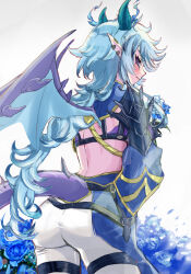 Rule 34 | 1girl, armor, ass, blue hair, centur-ion atry, dragon girl, dragon horns, dragon tail, dragon wings, duel monster, hands on own hips, highres, horns, long hair, messy hair, noppe, pants, pointy ears, purple eyes, shoulder armor, solo, tail, white pants, wings, yu-gi-oh!