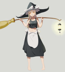 Rule 34 | 1girl, absurdres, adapted costume, apron, barefoot, black skirt, bow, braid, breasts, broom, collarbone, crop top, derivative work, full body, grey background, hat, hat bow, head tilt, highres, kirisame marisa, lantern, long hair, long skirt, looking at viewer, medium breasts, midriff, navel, over shoulder, simple background, single braid, skirt, solo, stomach, tank top, toes, touhou, waist apron, witch hat, yellow eyes, yinyu-pm