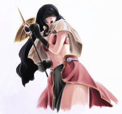 Rule 34 | 1girl, bikini, bikini top only, black blindfold, black gloves, black hair, blindfold, brown capelet, capelet, commentary request, cowboy shot, cropped legs, gloves, holding, holding staff, long hair, mage (ragnarok online), mage staff, midriff, navel, open mouth, pelvic curtain, ragnarok online, ragnarok the animation, rance (shinade kuro), red bikini, red skirt, showgirl skirt, simple background, skirt, solo, staff, swimsuit, takius, white background