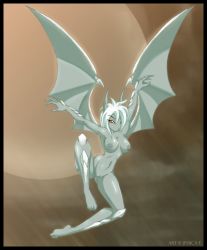 Rule 34 | 1girl, breasts, colored skin, copyright request, dragon, dragon girl, dragon horns, dragon wings, dragoness, female focus, flying, full body, furry, furry female, gargoyle, grey skin, hair over one eye, horns, jessica elwood, monochrome, moon, navel, night, nipples, nude, orange eyes, pussy, red eyes, reptile, scales, short hair, slit pupils, solo, white hair, wings