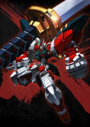 Rule 34 | clenched hand, glowing, glowing eyes, green eyes, gundam, gundam astray red frame, gundam seed, gundam seed astray, highres, holding, holding sword, holding weapon, huge weapon, lens flare, mecha, no humans, over shoulder, robot, solo, superphotrone, sword, v-fin, weapon
