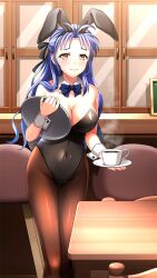 Rule 34 | 1girl, animal ears, black hairband, black leotard, blue bow, blue bowtie, blue hair, blush, bow, bowtie, breasts, brown pantyhose, cleavage, closed mouth, coffee, covered navel, detached collar, doukyuusei 2, doukyuusei another world, fake animal ears, fake tail, game cg, hairband, highleg, highleg leotard, holding, holding plate, indoors, large breasts, leotard, long hair, looking at viewer, narusawa misako, pantyhose, plate, playboy bunny, rabbit ears, rabbit tail, smile, solo, standing, strapless, strapless leotard, tail, very long hair, wrist cuffs, yellow eyes