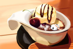 Rule 34 | 1other, bird, chai (drawingchisanne), cherry, commentary request, cup, fondant au chocolat, food, food focus, fruit, highres, ice cream, lying, no humans, on back, on food, original, penguin, scarf, table