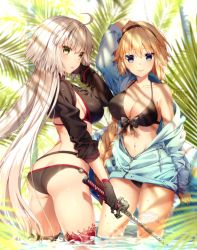 Rule 34 | 1girl, 2girls, ahoge, arched back, artist name, ass, bikini, black bikini, black gloves, black jacket, blonde hair, blue eyes, blue sky, blush, braid, breasts, choker, cleavage, closed mouth, collarbone, commentary request, day, fate/grand order, fate (series), from behind, front-tie top, gloves, hair between eyes, hairband, holding, holding sword, holding weapon, jacket, jeanne d&#039;arc alter (swimsuit berserker) (fate), jeanne d&#039;arc (fate), jeanne d&#039;arc (swimsuit archer) (fate), jeanne d&#039;arc alter (fate), jeanne d&#039;arc alter (swimsuit berserker) (fate), katana, large breasts, long braid, long hair, looking at viewer, midriff, multiple girls, navel, o-ring, open clothes, open mouth, outdoors, palm tree, rosuuri, shiny skin, shrug (clothing), single bare shoulder, single braid, sky, standing, sunlight, swimsuit, sword, thighs, tree, unzipped, very long hair, wading, water, weapon, yellow eyes