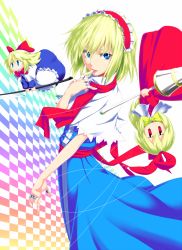 Rule 34 | 3girls, alice margatroid, blonde hair, blue eyes, female focus, finger to mouth, hairband, kentairui, multiple girls, shanghai doll, short hair, solo, standing, tongue, touhou, weapon, white background