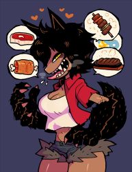 Rule 34 | 1girl, :d, animal ears, animal hands, black hair, boned meat, breasts, claws, cleavage, collared jacket, cowboy shot, dark-skinned female, dark skin, denim, denim shorts, food, fur, fur-trimmed shorts, fur trim, half-closed eyes, hand on own hip, heart, highres, interlocked mars and venus symbols, jacket, large breasts, looking at viewer, mars symbol, meat, midriff, monster girl, navel, open clothes, open jacket, open mouth, original, purple background, rariatto (ganguri), red jacket, rudy (rariatto), saliva, sharp teeth, shirt, short hair, short shorts, shorts, simple background, skewer, smile, solo, steak, tail, teeth, tongue, tongue out, venus symbol, werewolf, when you see it, white shirt, wolf ears, wolf girl, wolf tail, yellow eyes