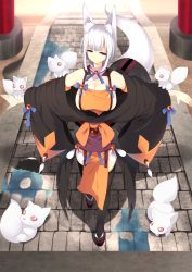 Rule 34 | 1girl, after rain, animal ears, breasts, cleavage, fox, fox ears, fox tail, from above, highres, large breasts, original, outdoors, outstretched arms, red eyes, short hair, silver hair, solo, sukage, tail, thighhighs