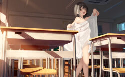 Rule 34 | 1girl, black eyes, black hair, braid, breasts, brown eyes, chair, classroom, commentary request, highres, indoors, looking at viewer, medium breasts, mottsun (i 40y), open mouth, original, school uniform, shirt, standing, table, thighs, white shirt