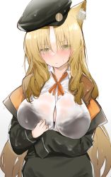 Rule 34 | 1girl, animal ear fluff, animal ears, arknights, black bra, black headwear, black jacket, blonde hair, bra, button gap, closed mouth, cowboy shot, grey hair, highres, jacket, long hair, long sleeves, neck ribbon, open clothes, open jacket, orange ribbon, otsumami (02mami), parted bangs, ribbon, see-through, shirt, simple background, solo, swire (arknights), tiger ears, underwear, v-shaped eyebrows, very long hair, wet, wet clothes, wet shirt