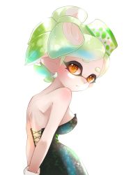 Rule 34 | + +, 1girl, arms behind back, back, backless dress, backless outfit, bare shoulders, blush, bow-shaped hair, breasts, closed mouth, dress, earrings, female focus, from behind, gloves, green dress, green hair, highres, jewelry, looking at viewer, looking back, marie (splatoon), medium breasts, mole, mole under eye, nintendo, nu (ura mya pain), object on head, orange eyes, pointy ears, short hair, sideboob, solo, splatoon (series), splatoon 1, strapless, strapless dress, tentacle hair, tentacles, upper body, v arms, white gloves