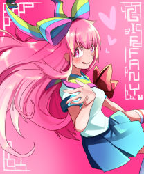 1girl, bangs, blue skirt, blush, breasts, character name, chikichi, closed mouth, english text, eyebrows visible through hair, female focus, from side, giffany, gravity falls, hair ribbon, hand up, happy, heart, heart-shaped pupils, highres, invisible chair, licking lips, long hair, looking at viewer, medium breasts, miniskirt, multicolored, multicolored ribbon, pink background, pink eyes, pink hair, pink theme, pleated skirt, ribbon, sailor collar, school uniform, serafuku, shiny, shiny hair, shirt, short sleeves, sidelocks, simple background, sitting, skirt, smile, solo, symbol-shaped pupils, thighhighs, tongue, tongue out, white legwear, white shirt, zettai ryouiki