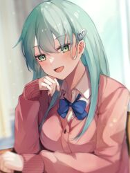 Rule 34 | 1girl, aqua hair, arm support, blue bow, blush, bow, breasts, cardigan, green eyes, hair ornament, hairclip, highres, indoors, kantai collection, large breasts, looking at viewer, open mouth, pink cardigan, ranran 3939, shirt, sitting, smile, solo, suzuya (kancolle), white shirt, window