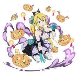 Rule 34 | :p, bandages, blonde hair, breasts, candle, cleavage, elf, green eyes, halloween, highres, large breasts, leafa, long hair, official art, pointy ears, ponytail, pumpkin, smile, star (symbol), sword art online, tongue, tongue out