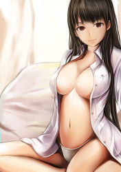 Rule 34 | 1girl, alternate hairstyle, anegasaki nene, bad id, bad pixiv id, black hair, blouse, breasts, brown eyes, cleavage, dead or alive, female focus, hair down, large breasts, lei fang, long hair, looking at viewer, naked shirt, nannacy7, navel, no bra, on bed, open clothes, open shirt, panties, red eyes, shirt, sitting, smile, solo, underwear, white panties, white shirt