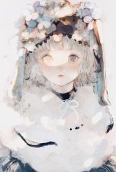 Rule 34 | 1girl, absurdres, blunt bangs, blush, commentary request, flower, grey eyes, highres, hood, hood up, looking at viewer, orie h, original, short hair, snow, solo, white hair