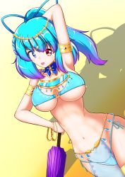 Rule 34 | 1girl, armpits, blue eyes, blue hair, bracelet, breasts, cleavage, closed umbrella, commentary request, dancer, hand in own hair, harem outfit, heterochromia, jewelry, kagayama hajime, large breasts, matching hair/eyes, navel, pelvic curtain, red eyes, see-through, smile, solo, tatara kogasa, tongue, tongue out, touhou, umbrella, underboob