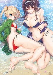 Rule 34 | &gt;:&gt;, 2girls, :&gt;, arm support, ass, bare shoulders, barefoot, bikini, black ribbon, blonde hair, blue eyes, blunt bangs, blush, breasts, brown hair, cleavage, closed mouth, collarbone, day, artistic error, feet, floral print, foreshortening, green jacket, hair ribbon, halterneck, highres, jacket, kasumigaoka utaha, large breasts, long hair, long sleeves, lying, multi-strapped bikini bottom, multiple girls, navel, ocean, on side, open clothes, open jacket, outdoors, partially submerged, red bikini, red eyes, ribbon, ricca55, saenai heroine no sodatekata, sawamura spencer eriri, shawl, short twintails, side-tie bikini bottom, small breasts, soles, stomach, string bikini, swimsuit, take your pick, toe scrunch, toes, track jacket, tsurime, twintails, twisted torso, two side up, v-shaped eyebrows, very long hair, water, wrong foot