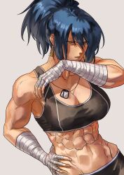 Rule 34 | 1girl, abs, absurdres, blue hair, breasts, earrings, highres, jewelry, large breasts, leona heidern, looking at viewer, muscular, muscular female, ponytail, slit pupils, solo, sports bra, syachiiro, the king of fighters, wiping face, yellow eyes