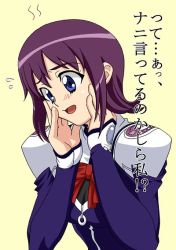 Rule 34 | 00s, 1girl, :o, blue eyes, blush, bow, bowtie, emblem, flying sweatdrops, hands on own face, long sleeves, machida ayaka, open mouth, purple hair, red bow, simple background, solo, uchuu no stellvia, uniform, yellow background