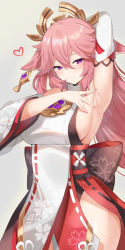Rule 34 | 1girl, absurdres, animal ears, arm up, armpits, bare shoulders, breasts, closed mouth, cowboy shot, detached sleeves, fox ears, genshin impact, hair ornament, heart, highres, japanese clothes, large breasts, long hair, long sleeves, looking at viewer, pink hair, purple eyes, serin199, sideboob, smile, solo, sweat, thighs, wide sleeves, yae miko