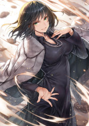 Rule 34 | 1girl, black dress, black hair, breasts, cleavage, coat, coat on shoulders, collarbone, covered navel, cowboy shot, dress, floating rock, fubuki (one-punch man), fur coat, green eyes, grey coat, hagure keg, hand on own chest, highres, jewelry, large breasts, light particles, long hair, long sleeves, looking at viewer, necklace, one-punch man, parted lips, smile, solo, v-shaped eyebrows
