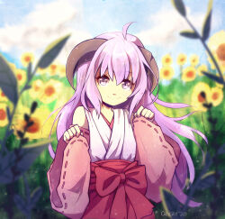 Rule 34 | 1girl, ahoge, brown horns, closed mouth, cloud, commentary, curled horns, detached sleeves, english commentary, field, flower, flower field, hakama, hakama skirt, hands up, hanyuu, higurashi no naku koro ni, holding, holding clothes, horns, japanese clothes, long hair, looking at viewer, miko, outdoors, purple eyes, purple hair, qixzy, red hakama, sidelocks, signature, skirt, sky, smile, solo, sunflower, sunflower field, upper body, wide sleeves