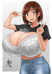 Rule 34 | 1girl, black shirt, blouse, bra, breasts, brown eyes, brown hair, cleavage, clothes lift, commission, denim, gigantic breasts, jeans, narumiamiya, open mouth, pants, shirt, shirt lift, short hair, simple background, skeb commission, solo, standing, steaming body, sweat, underwear, v, white bra