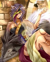 Rule 34 | 1girl, animal ears, blue eyes, breasts, cleavage, day, fire emblem, fire emblem: radiant dawn, crossed legs, long hair, looking at viewer, medium breasts, nailah (fire emblem), nintendo, nuts0415, outdoors, parted lips, purple hair, sitting, solo, strapless, tattoo, wolf, wolf ears