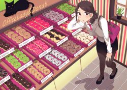 Rule 34 | 1girl, arm behind head, bag, black cats, black footwear, black skirt, blush, brown hair, chocolate doughnut, doughnut, drill hair, earrings, english text, food, french cruller, full body, grey vest, handbag, indoors, jewelry, leaning forward, long hair, looking at viewer, office lady, original, pantyhose, parted bangs, pink eyes, red neckwear, ryokucha michi, shadow, skirt, solo, standing, tile floor, tiles, vest, wallpaper (object)