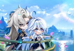 1boy 1girl ahoge arms_up blue_coat blue_eyes blue_hair chibi coat dress feather_hair_ornament feathers furina_(genshin_impact) game_screenshot_background genshin_impact hair_ornament hetero juliet_sleeves long_hair long_sleeves multicolored_hair neuvillette_(genshin_impact) open_mouth parted_bangs puffy_sleeves screenshot_background sidelocks smile streaked_hair titanic_(movie) very_long_hair veryslow_zzzpin wavy_hair white_dress white_hair