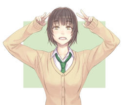 Rule 34 | 10s, 1girl, arms up, blunt bangs, breasts, brown hair, buttons, cardigan, character request, clenched teeth, collared shirt, dress shirt, eyebrows, green necktie, kantai collection, long sleeves, looking at viewer, mole, mole under mouth, necktie, pink lips, school uniform, shirt, short hair, sleeves past wrists, solo, teeth, upper body, white shirt, yellow eyes, yuuji (and)