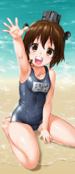 Rule 34 | 10s, 1girl, alternate costume, arm up, armpits, barefoot, beach, blush, breasts, brown eyes, brown hair, collarbone, gradient background, hair ornament, henshako, highres, kantai collection, looking at viewer, name tag, one-piece swimsuit, open mouth, outdoors, school swimsuit, shiny clothes, short hair, skindentation, small breasts, smile, solo, swimsuit, water, waving, yukikaze (kancolle)