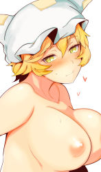 Rule 34 | 1girl, blonde hair, blush, breasts, closed mouth, collarbone, hat, heart, hekiga (freelot), highres, large breasts, looking at viewer, nipples, nude, short hair, simple background, solo, touhou, upper body, white background, white hat, yakumo ran, yellow eyes