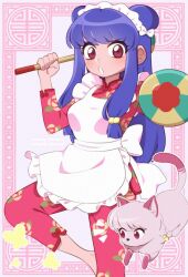 1girl apron cat chinese_clothes eyeshadow long_hair makeup purple_hair ranma_1/2 red_eyes shampoo_(cat) shampoo_(ranma_1/2)