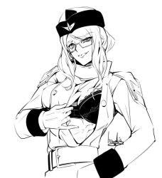 Rule 34 | 1girl, armor, belt, bowalia, bra, breasts, buttons, coat, fate/grand order, fate (series), glasses, gloves, hat, koyanskaya (fate), large breasts, lineart, long hair, looking at viewer, pauldrons, shoulder armor, signature, simple background, smile, solo, tongue, underwear, upper body, winter clothes