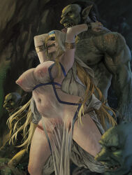 Rule 34 | 1girl, 3boys, black blindfold, blindfold, blonde hair, bound together, breasts, bridal gauntlets, commentary, covered erect nipples, covered navel, cuffs, dress, elbow gloves, english commentary, gloves, goblin, goblin slayer!, habit, hetero, highres, huge breasts, interspecies, jeneral, large breasts, long hair, mounting, multiple boys, nipples, pacifier, paid reward available, pelvic curtain, rape, see-through, see-through dress, sex, sex from behind, standing, standing sex, sword maiden, very long hair, white dress, white gloves