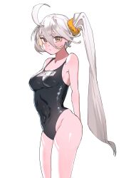 Rule 34 | 1girl, :c, ahoge, alternate costume, arms behind back, blush, breasts, character name, commentary, covered navel, cowboy shot, girls&#039; frontline, hair between eyes, highleg, highleg swimsuit, highres, long hair, looking at viewer, medium breasts, pkp (girls&#039; frontline), school swimsuit, scrunchie, side ponytail, solo, swimsuit, white background, white hair, yellow eyes, yellow scrunchie, yongsadragon