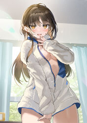 Rule 34 | 1girl, blush, breasts, brown hair, commentary request, covering crotch, covering privates, cowboy shot, curtains, day, hair between eyes, hand up, highres, indoors, jacket, long hair, long sleeves, looking at viewer, medium breasts, open clothes, open jacket, open mouth, original, partially unzipped, shirt, solo, standing, sweat, tan (tangent), tree, white jacket, window, yellow eyes