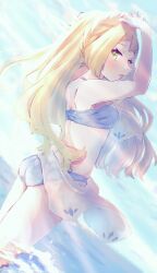 Rule 34 | 1girl, arms up, bikini, blonde hair, blue bikini, braid, commentary request, creatures (company), day, eyelashes, from side, game freak, green eyes, highres, lillie (pokemon), long hair, looking to the side, mcmcusg, nintendo, open mouth, outdoors, pokemon, pokemon (anime), pokemon sm (anime), solo, standing, swimsuit, wading, water