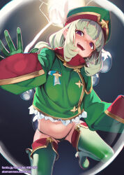 Rule 34 | 1girl, all fours, araga kiwi, ataruman, bags under eyes, black panties, boots, commentary request, cropped jacket, false smile, from below, gloves, green footwear, green gloves, green hair, green hat, green jacket, hat, highres, jacket, leoparde (mahou shoujo ni akogarete), mahou shoujo ni akogarete, mole, mole under eye, navel, open mouth, panties, peaked cap, purple eyes, scared, smile, solo, stomach, sweatdrop, tareme, thigh boots, thighs, trapped, underwear