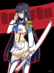 Rule 34 | 1girl, adapted costume, bakuzan, black hair, blue eyes, boots, commentary, cowboy shot, crop top, english commentary, epaulettes, hair ornament, hairclip, high collar, highres, junketsu, katana, kill la kill, kiryuuin satsuki, long hair, looking at viewer, midriff, navel, optionaltypo, outline, pleated skirt, scabbard, sheath, sheathed, skirt, solo, standing, suspenders, sword, thigh boots, thighhighs, weapon, white footwear, white skirt, zettai ryouiki