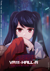 Rule 34 | 1girl, bartender, cigarette, copyright name, dated, english text, fur-trimmed jacket, fur trim, highres, holding, holding cigarette, jacket, jill stingray, kutouten (kutoten910), long hair, long sleeves, looking at viewer, necktie, open clothes, open jacket, purple hair, red eyes, red jacket, red necktie, scanlines, solo, twintails, va-11 hall-a, vest